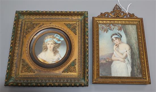 Daick, c.1900 An oil on ivory miniature of a classical lady beside a tree, signed, and a miniature of a lady 11.5 x 8.5cm. & 7cm.